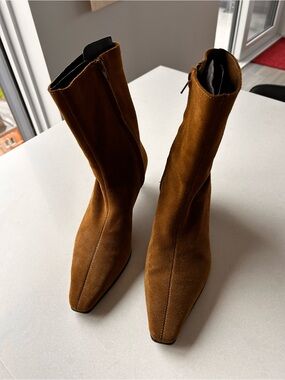 Zara Tan Suede Pointed-Toe Mid-Calf Boots
